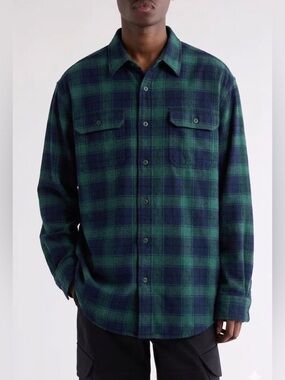 L.L. Bean Flannel Chamois Cloth Traditional Fit Green and Navy Blue